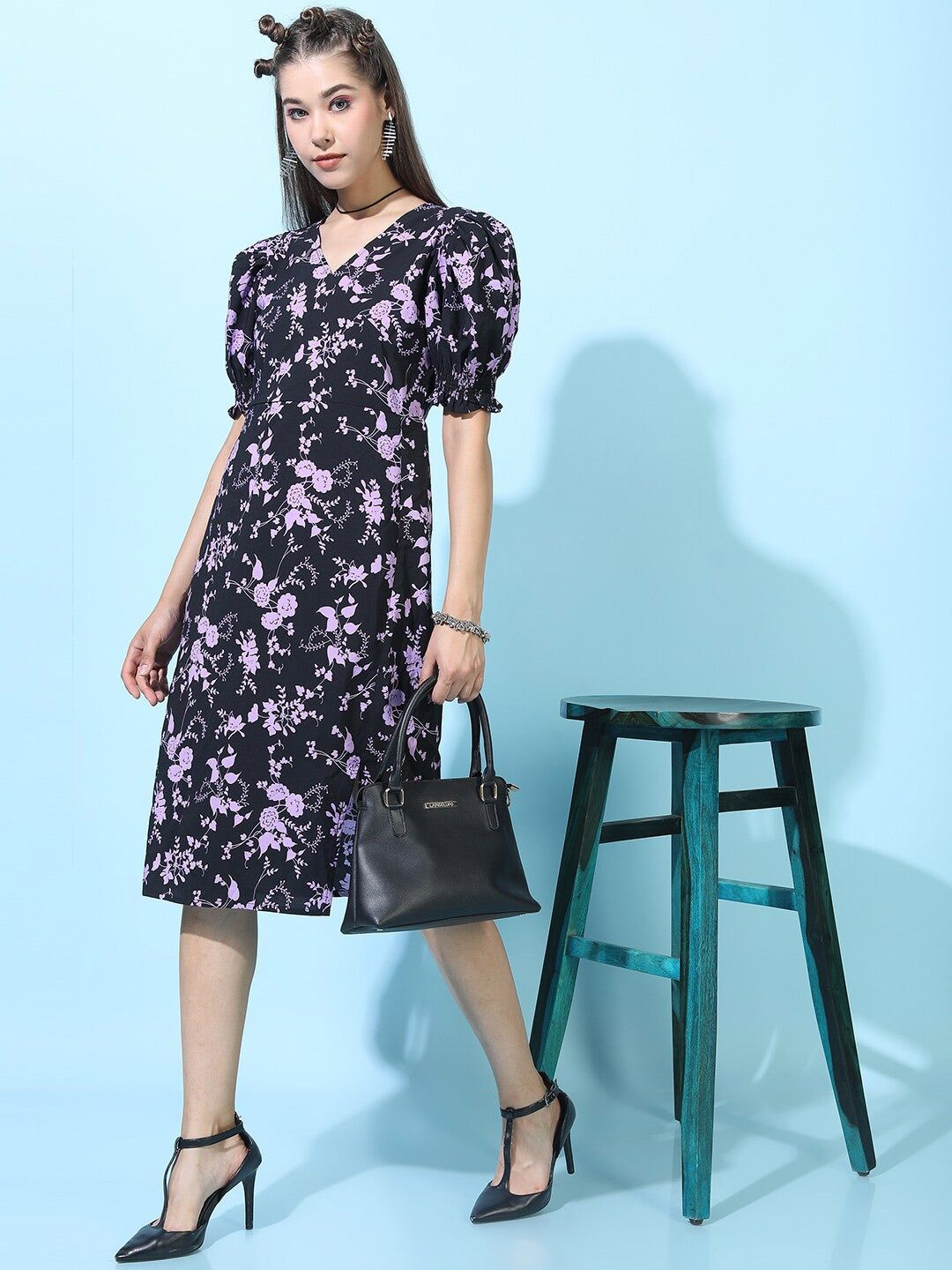 Tokyo Talkies Black & Violet Floral A-Line Midi Dress