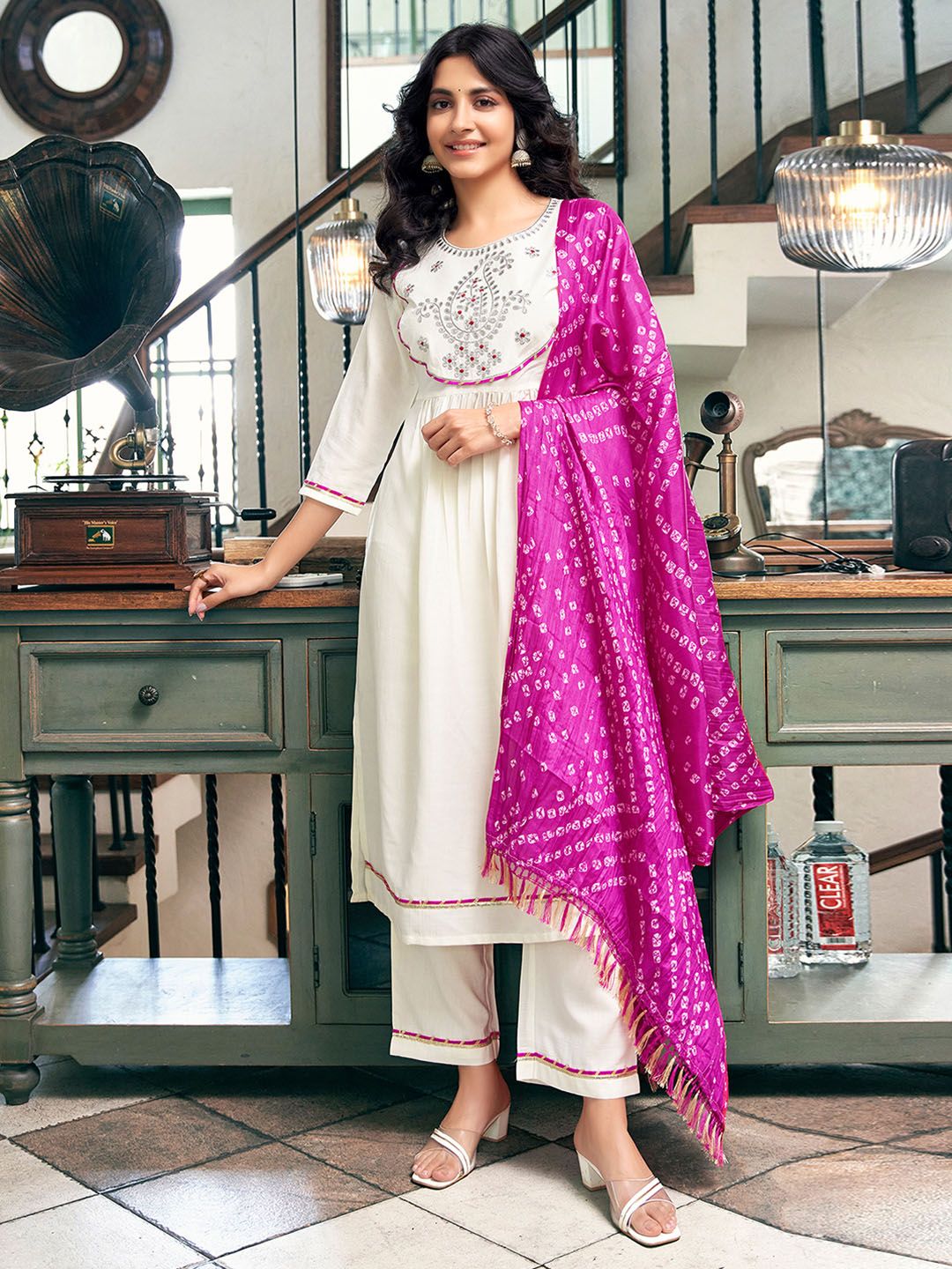 KALINI Paisley Embroidered A-Line Kurta with Trousers & Dupatta