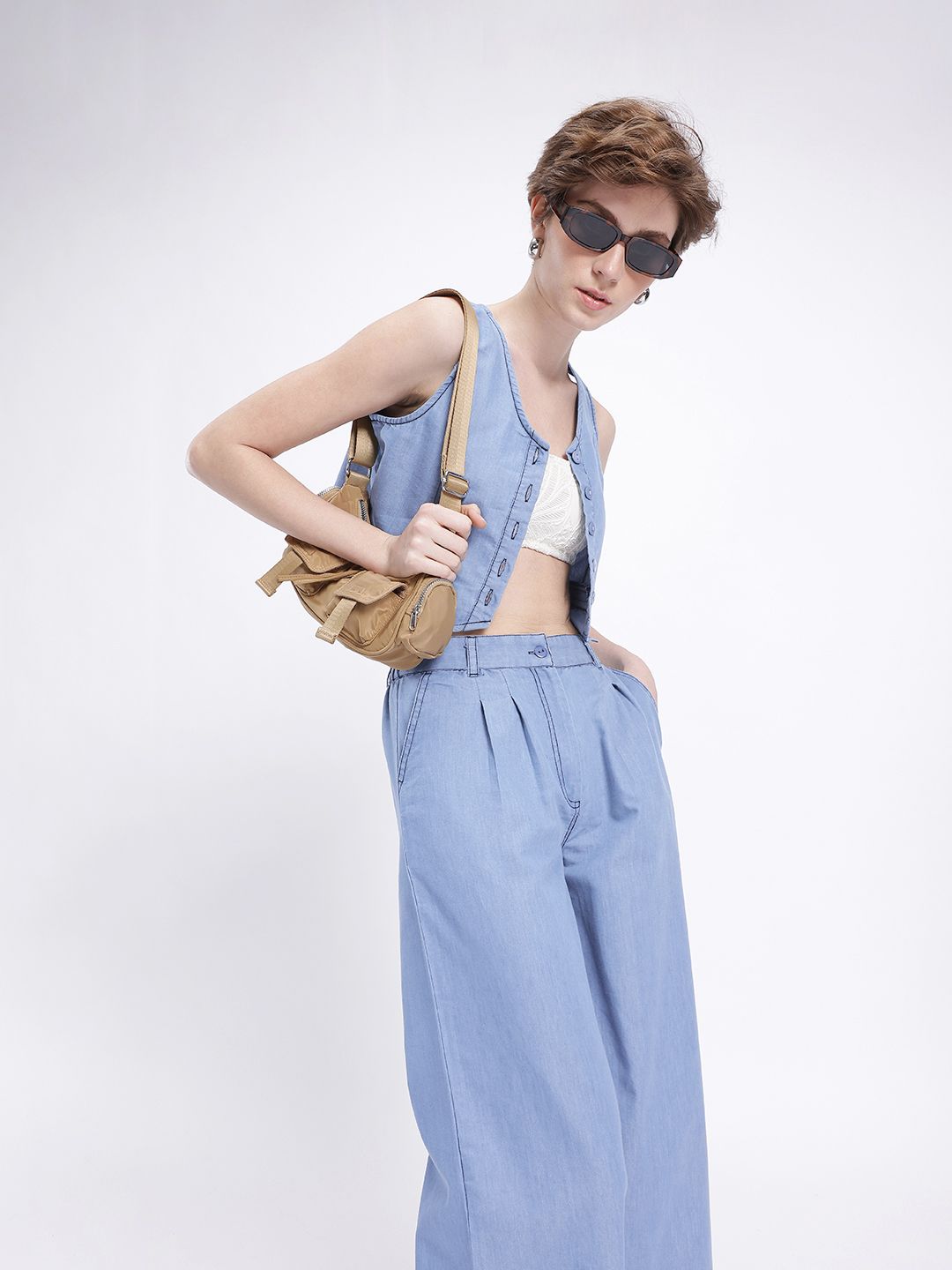 DressBerry Urban Chic Chambray Crop Waistcoat Top With Relaxed Trousers