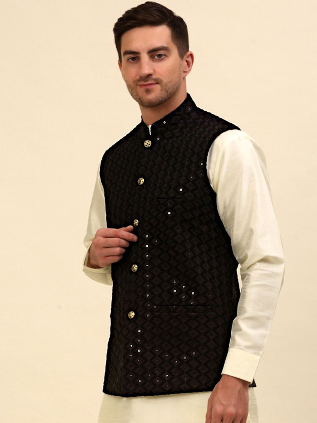 Anouk Black Embroidered Sequinned Nehru Jacket