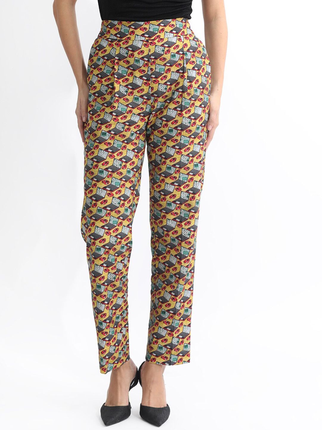 RAREISM Women Slim Fit Conversational Printed High-Rise Cotton Regular Trousers