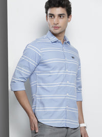 The Indian Garage Co Men Blue & White Horizontal Stripes Striped Cotton Casual Shirt