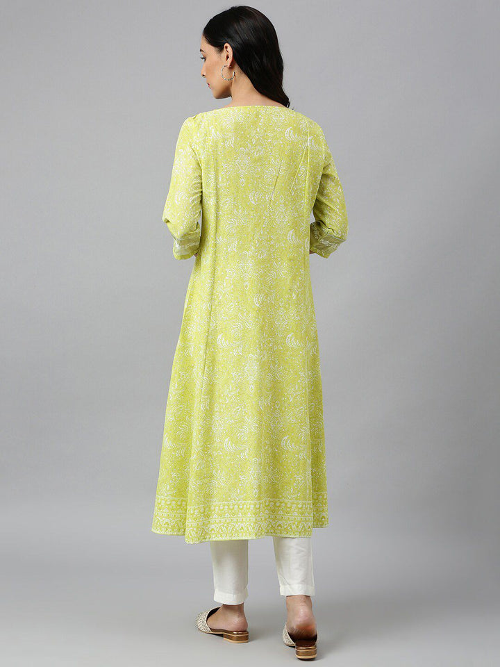 W Women Yellow Floral Printed Anarkali Kurta