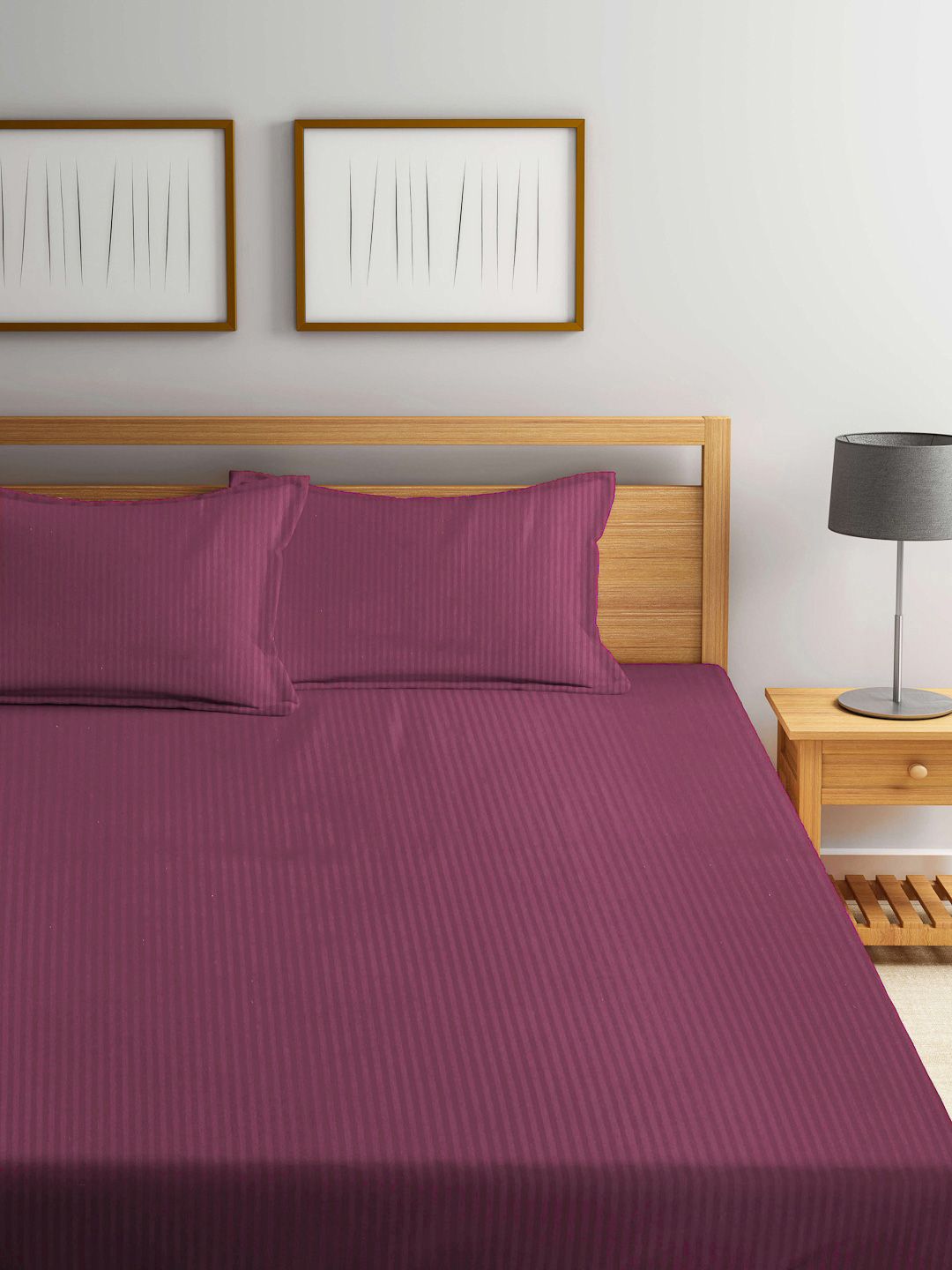 Myntra Elegant Homes Maroon Striped 300 TC Super King Bedsheet Set 2.7 m x 2.7 m