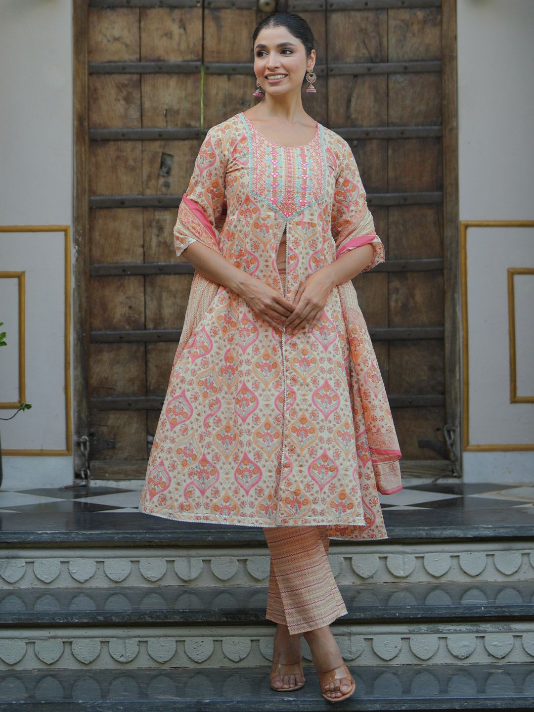 Libas Printed Panelled Gotta Patti Pure Cotton Anarkali Kurta with Palazzos & Dupatta