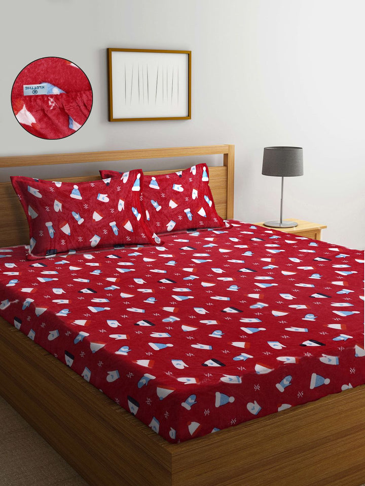 KLOTTHE Bulu Perbualan Merah 300 TC Cadar King Halus Dipasang dengan 2 Sarung Bantal-250 x 225 cm
