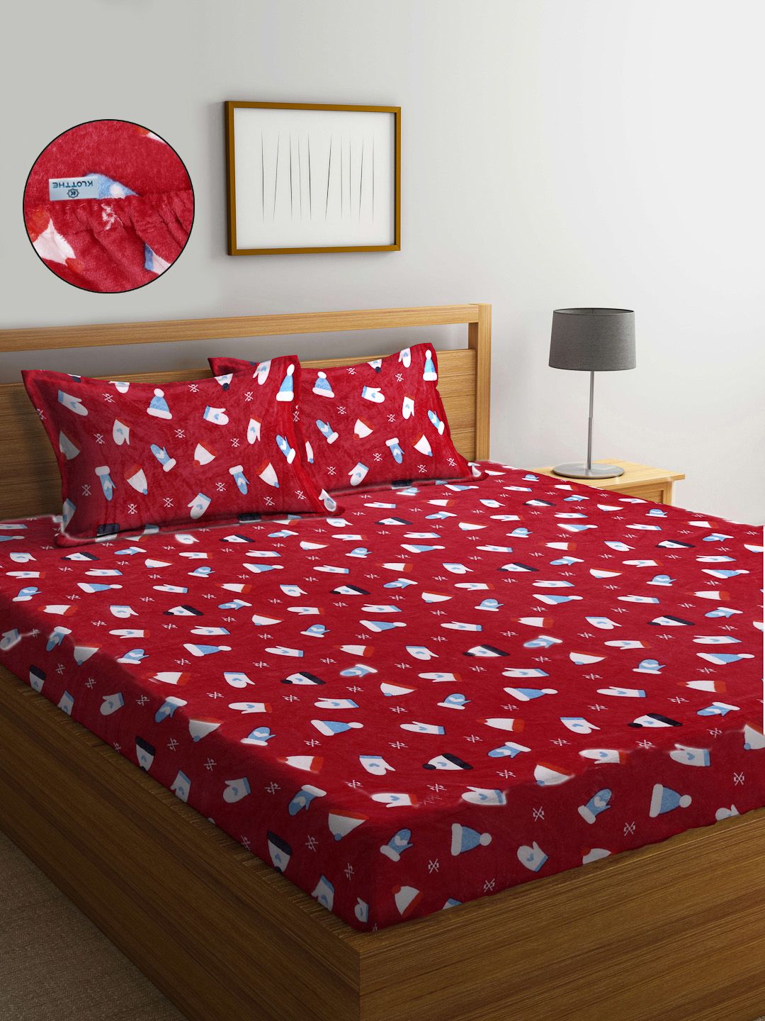 KLOTTHE Bulu Perbualan Merah 300 TC Cadar King Halus Dipasang dengan 2 Sarung Bantal-250 x 225 cm