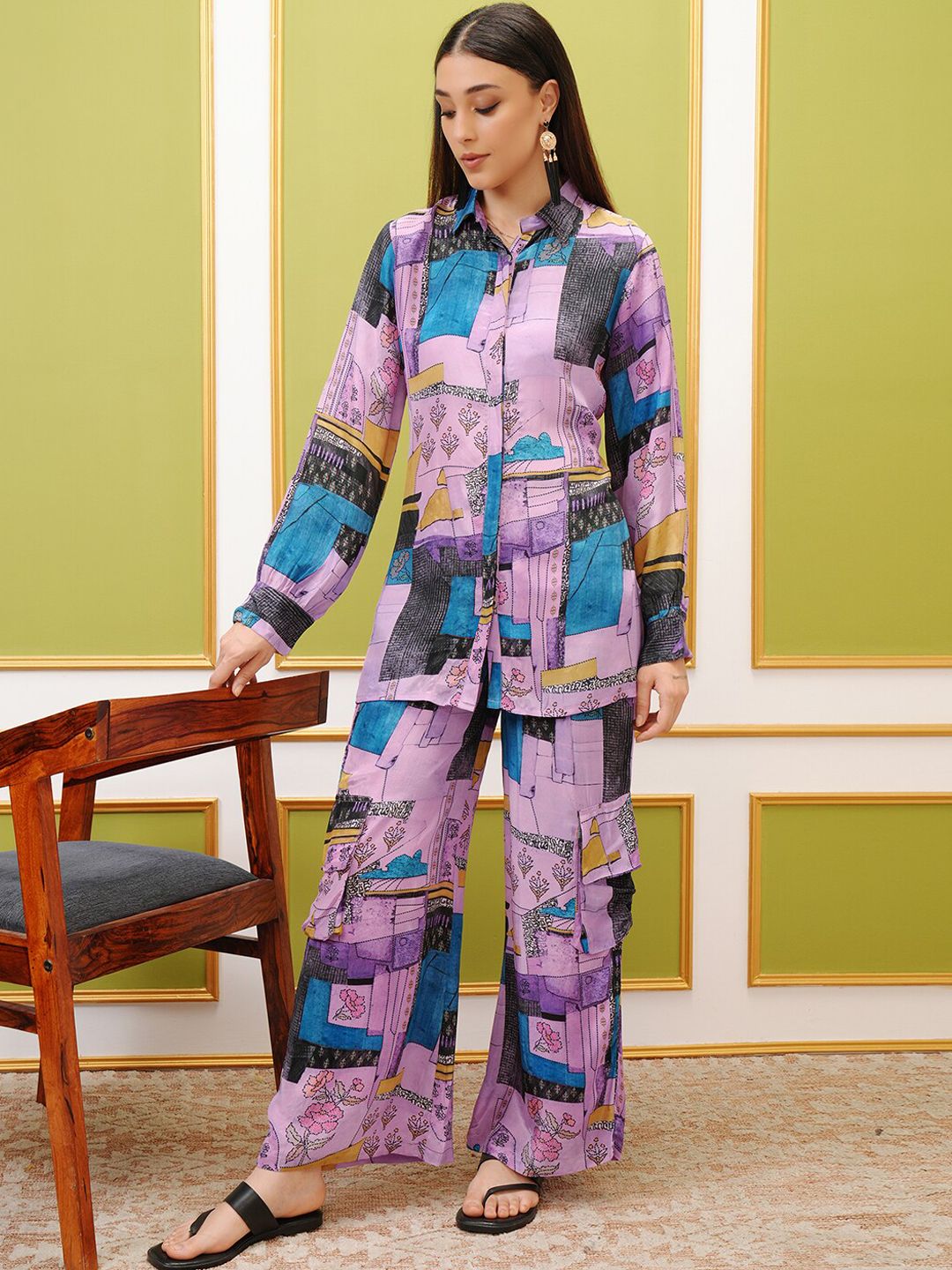Vishudh Purple Printed Long Sleeves Shirt With Trouser