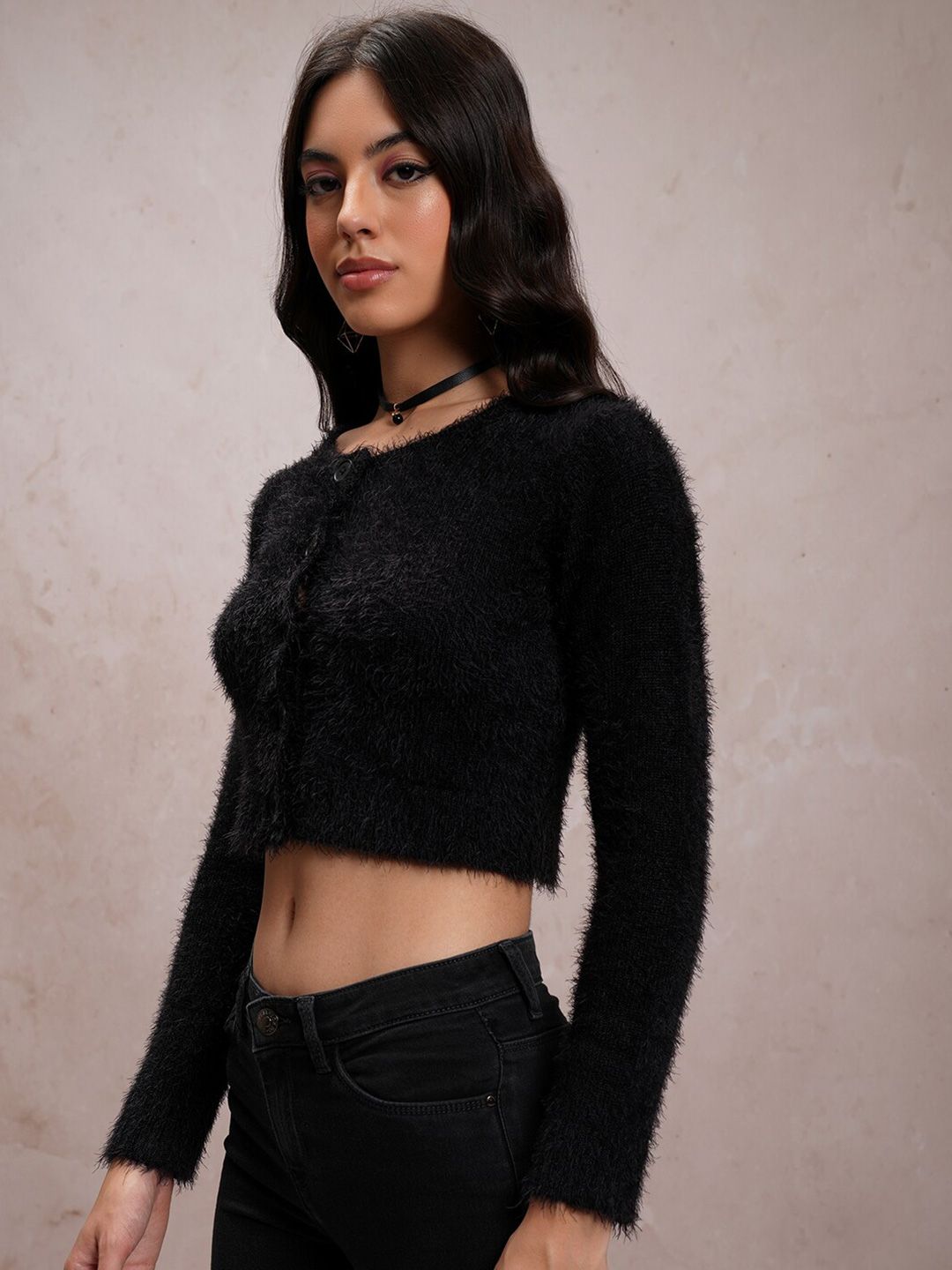 Tokyo Talkies Self Design Acrylic Front-Open Sweaters