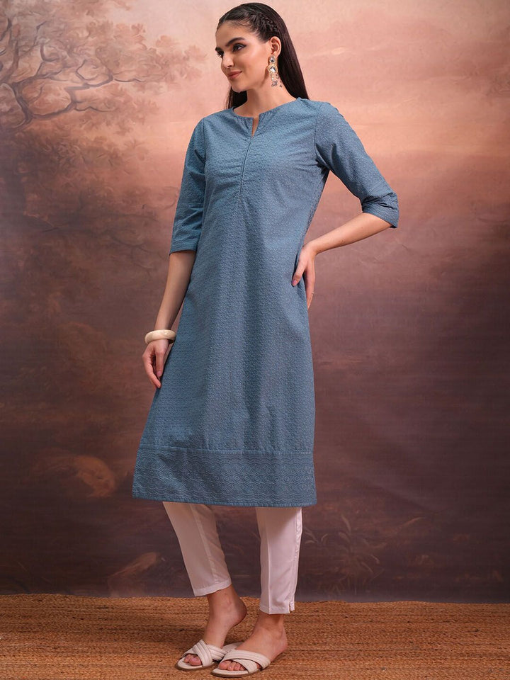 Vishudh Blue Floral Embroidered Notched Neck Straight Kurta