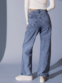 STREET 9 Women Comfort Wide Leg Pure Cotton High-Rise Heavy Fade Jeans