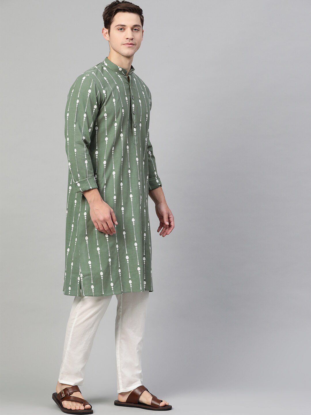 See Designs Men Green & White Printed Kurta with Pyjamas