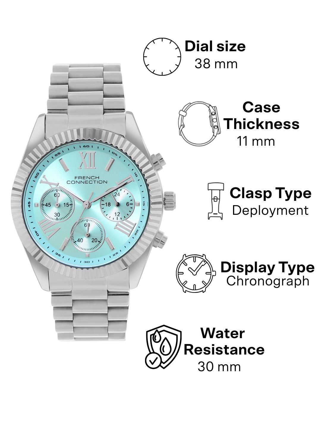 French Connection Women Dial & Stainless Steel Bracelet Style Straps Analogue Chronograph Watch FCM06USM