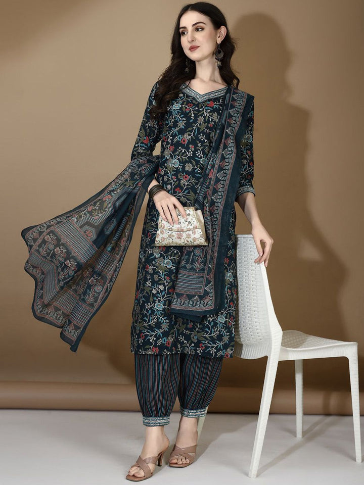 KALINI Floral Printed V-Neck Thread Work Straight Kurta with Trousers & Dupatta