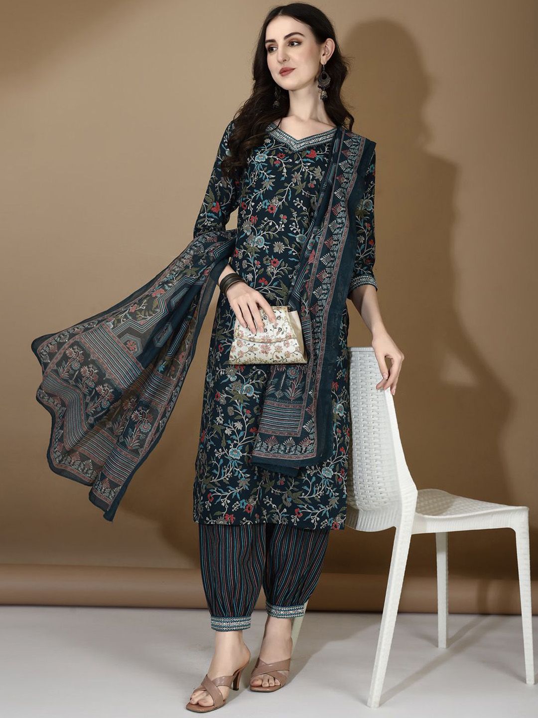 KALINI Floral Printed V-Neck Thread Work Straight Kurta with Trousers & Dupatta