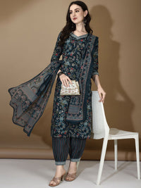 KALINI Floral Printed V-Neck Thread Work Straight Kurta with Trousers & Dupatta