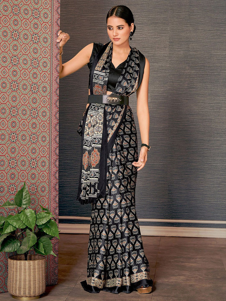Saree mall Black & Off White Ajrak Printed Block Print Saree