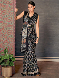 Saree mall Black & Off White Ajrak Printed Block Print Saree