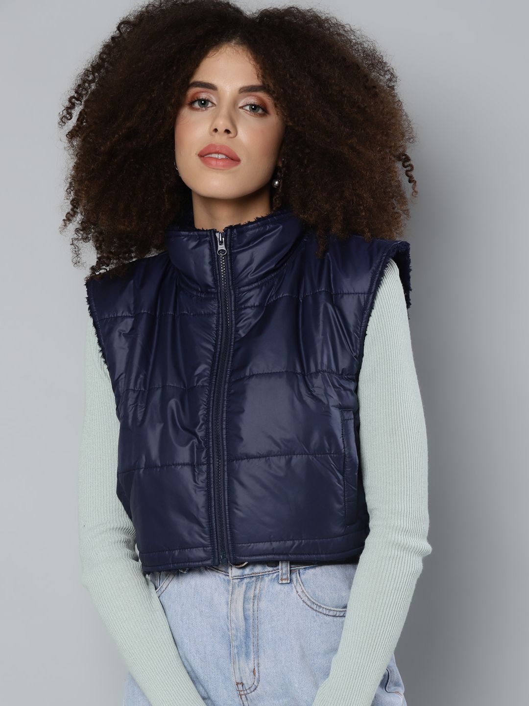 SASSAFRAS Women Navy Blue Crop Padded Jacket