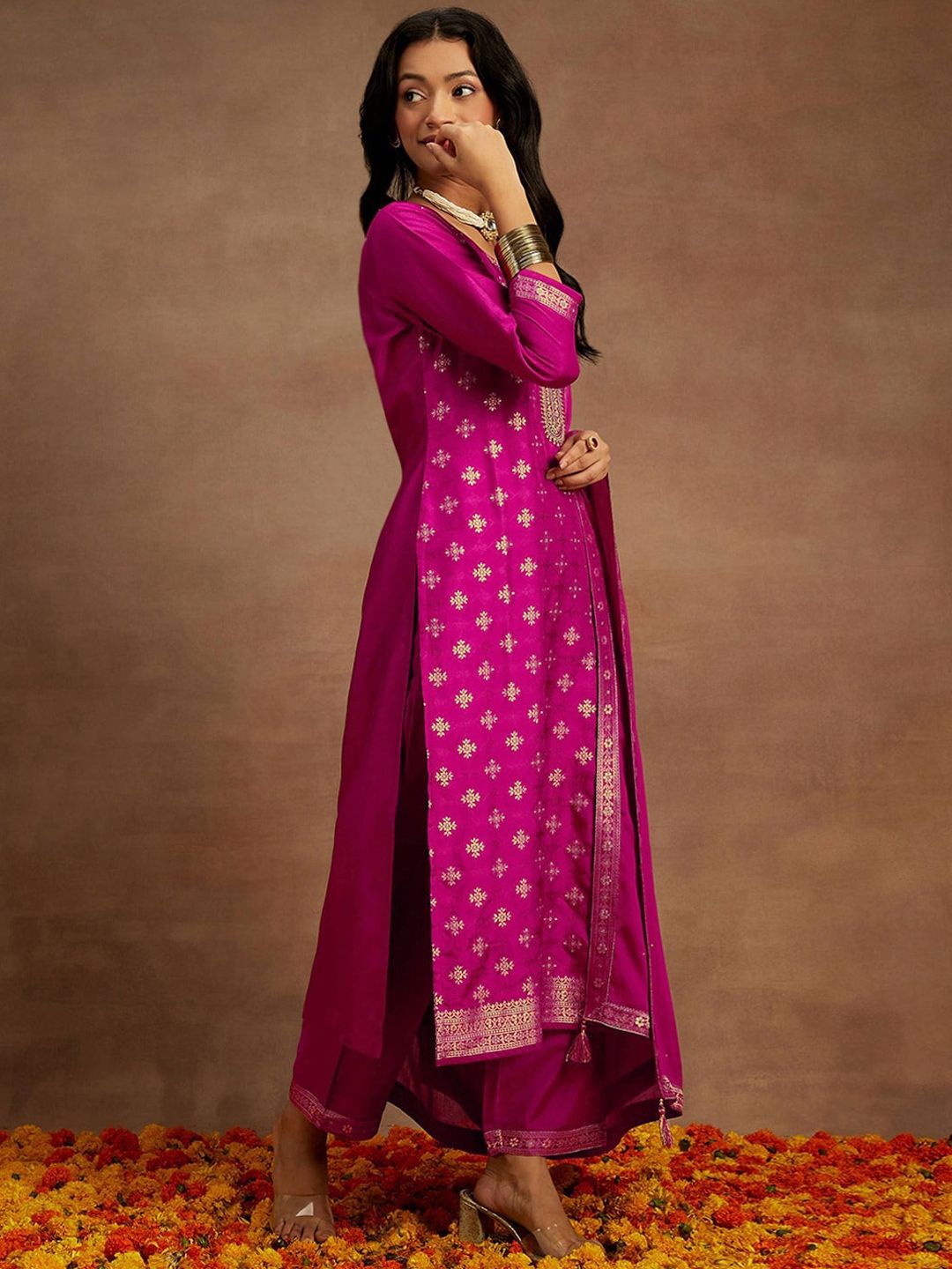 Libas Ethnic Motifs Embroidered Sequinned Straight Kurta With Trousers & Dupatta
