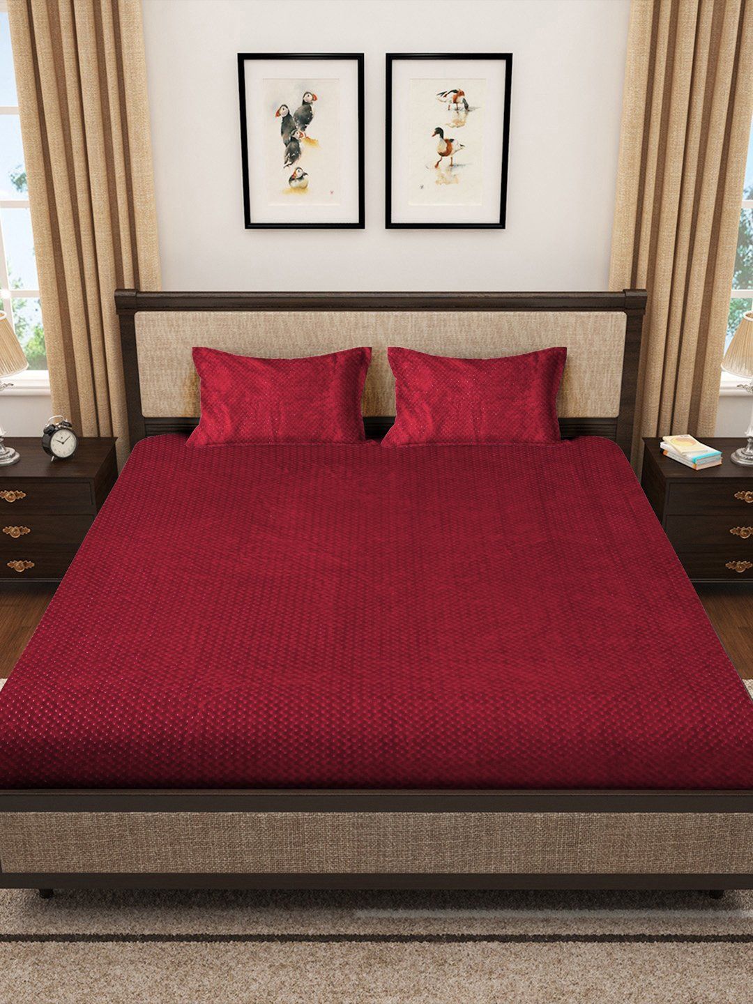 Myntra Elegant Homes Red 300 TC King Woolen Bedsheet with 2 Pillow Covers-250X225 cm