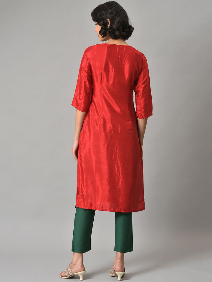 W Red Keyhole Neck Floral Yoke Design Thread Work Kurta