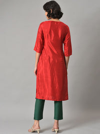 W Red Keyhole Neck Floral Yoke Design Thread Work Kurta