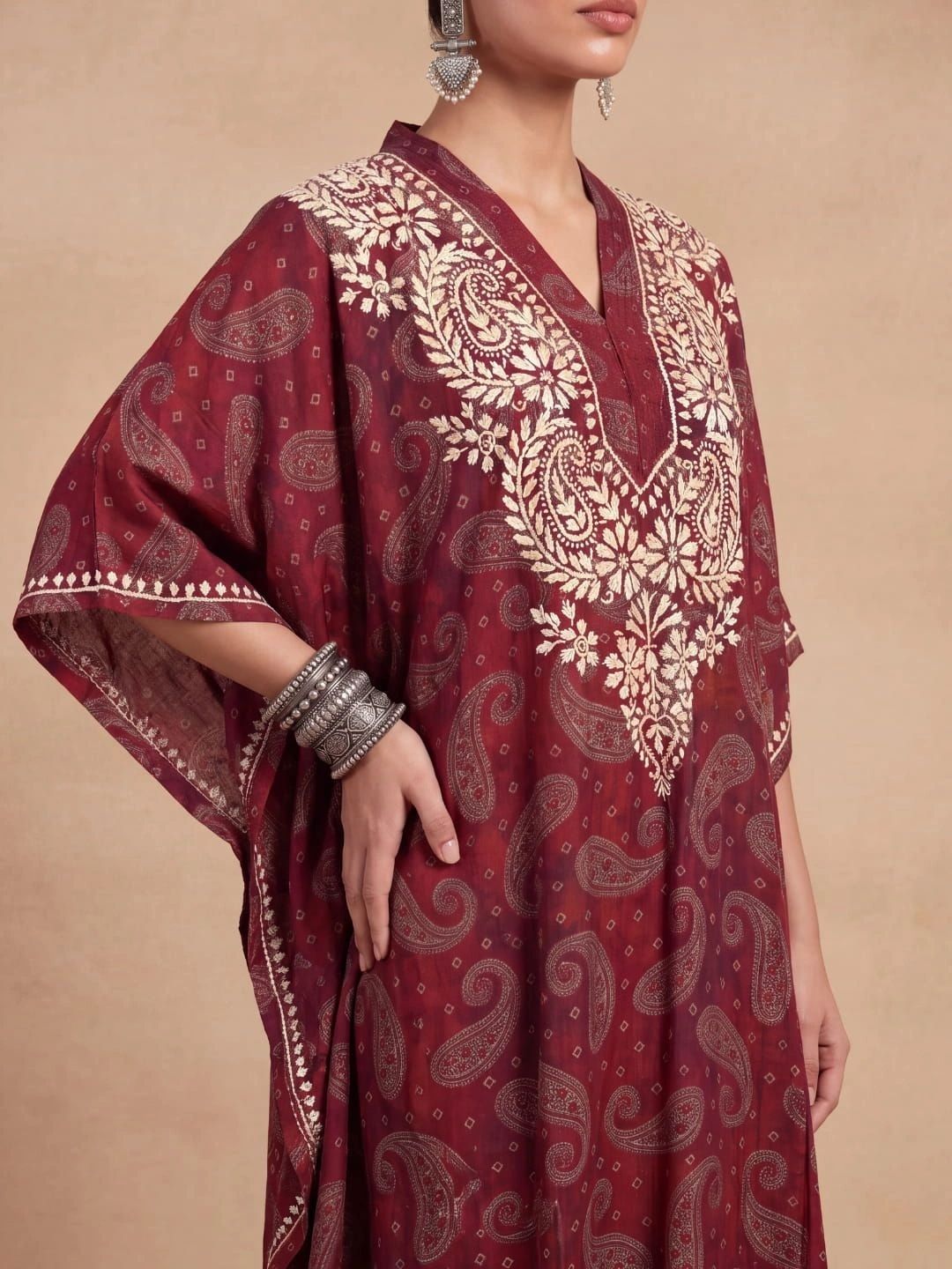 House of Chikankari Women Paisley Printed Thread Work Crepe Kaftan Kurta