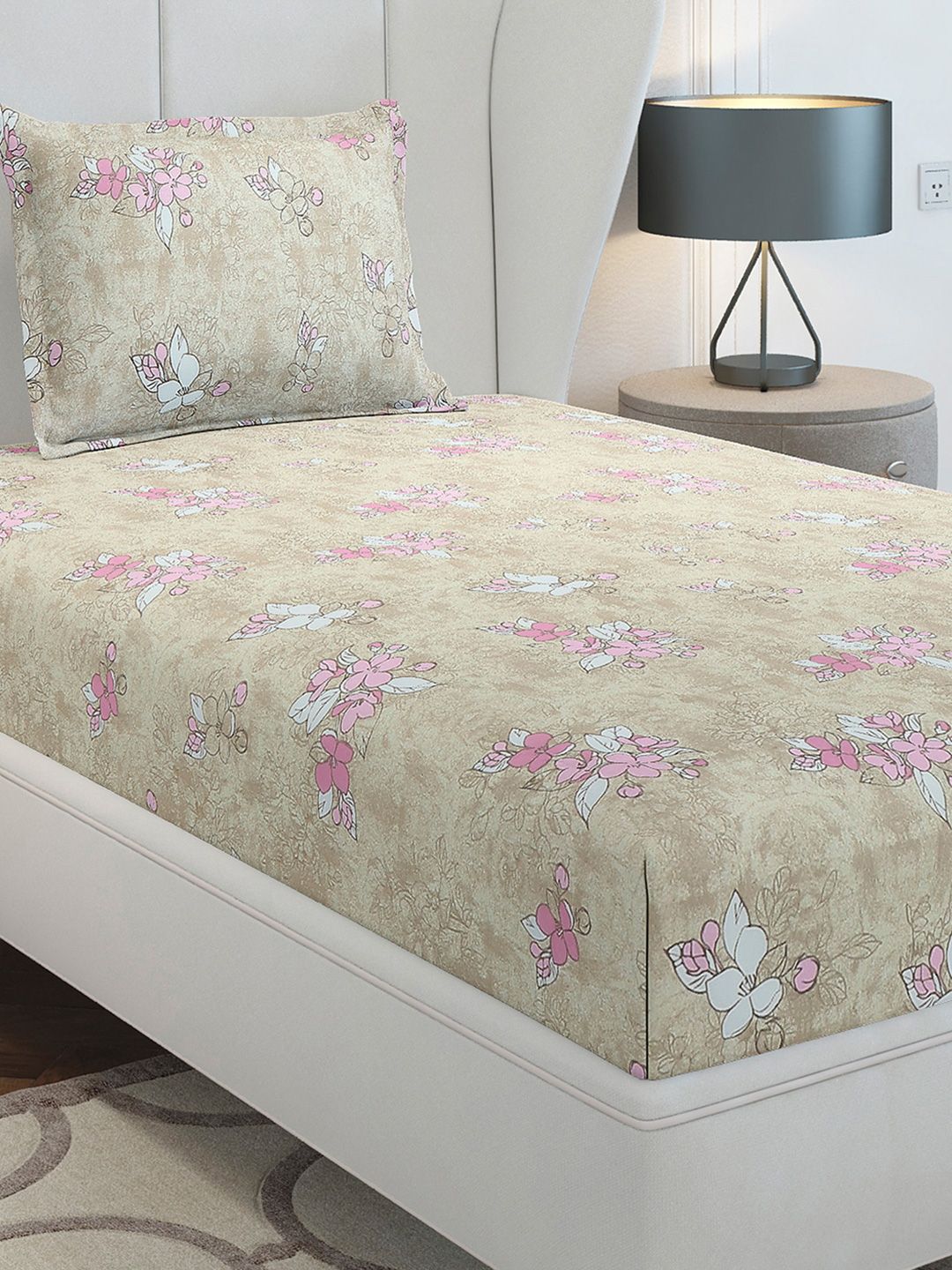 Monte Carlo Beige & White Floral Printed Cotton 104 TC Single Bedsheet Set2.24 m x 1.52 m
