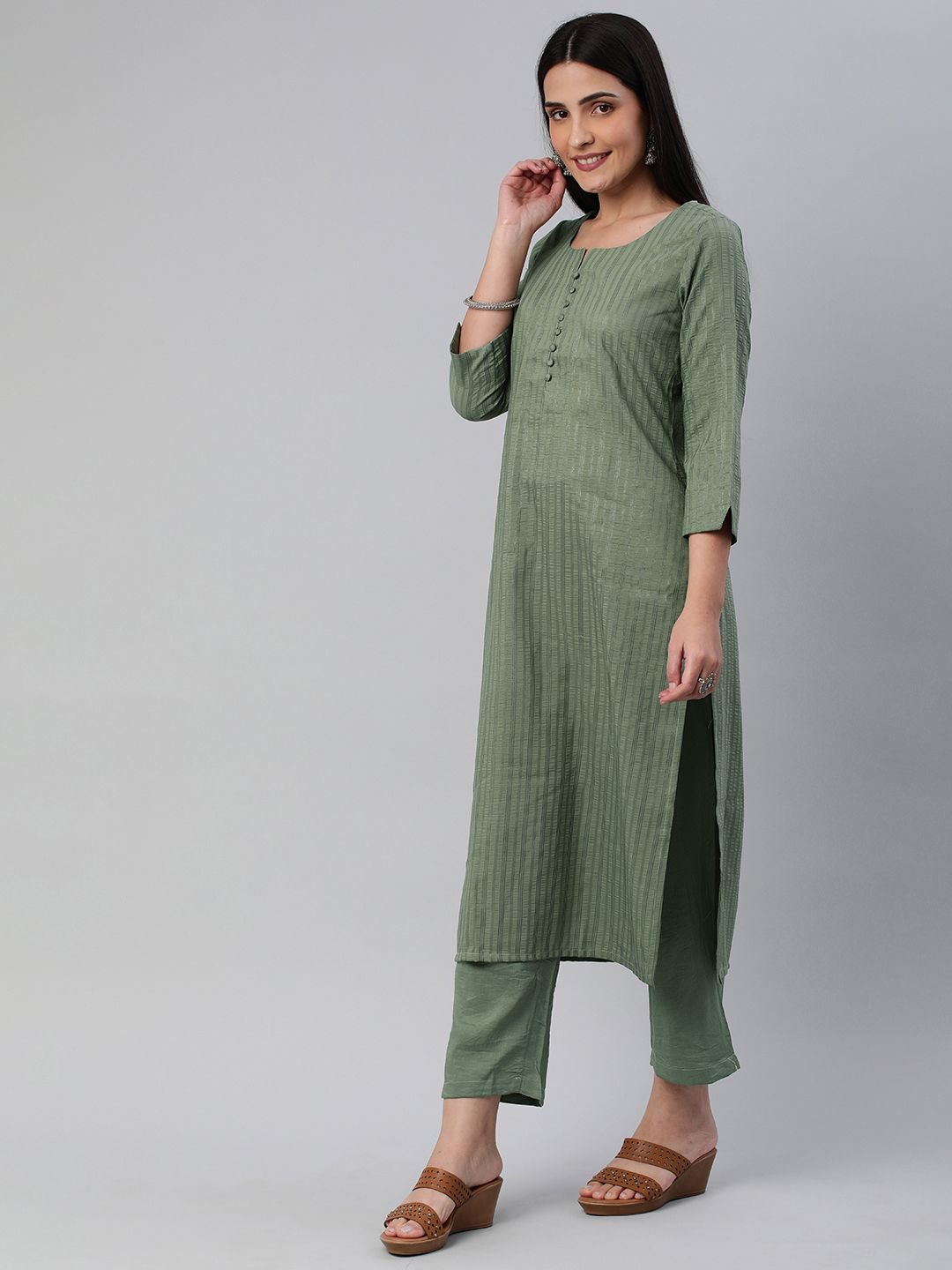 KALINI Women Self Design Pure Cotton Kurta With Trousers