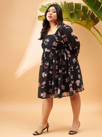 SASSAFRAS Curve Plus Size Black Floral Printed Puff Sleeves Smocked Fit & Flare Dress