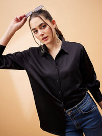 SASSAFRAS BASICS Spread Collar Long Sleeves Satin Comfort Oversized Casual Shirt