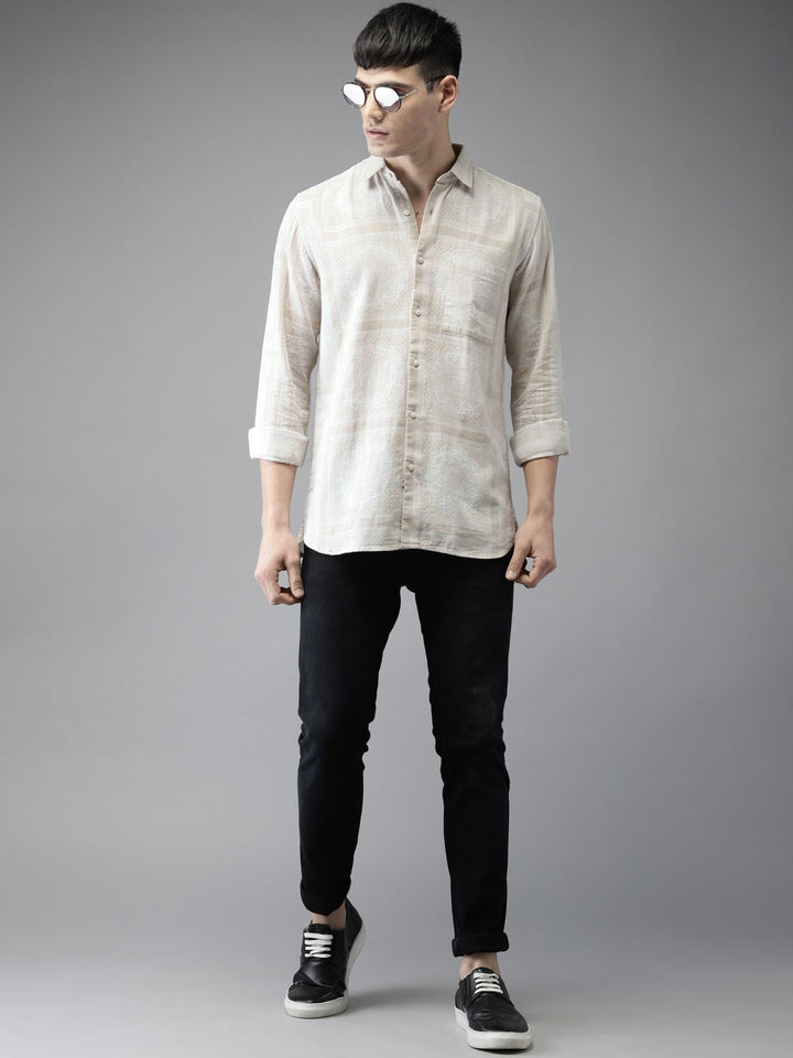 Bene Kleed Men Beige Slim Fit Self Design Casual Shirt