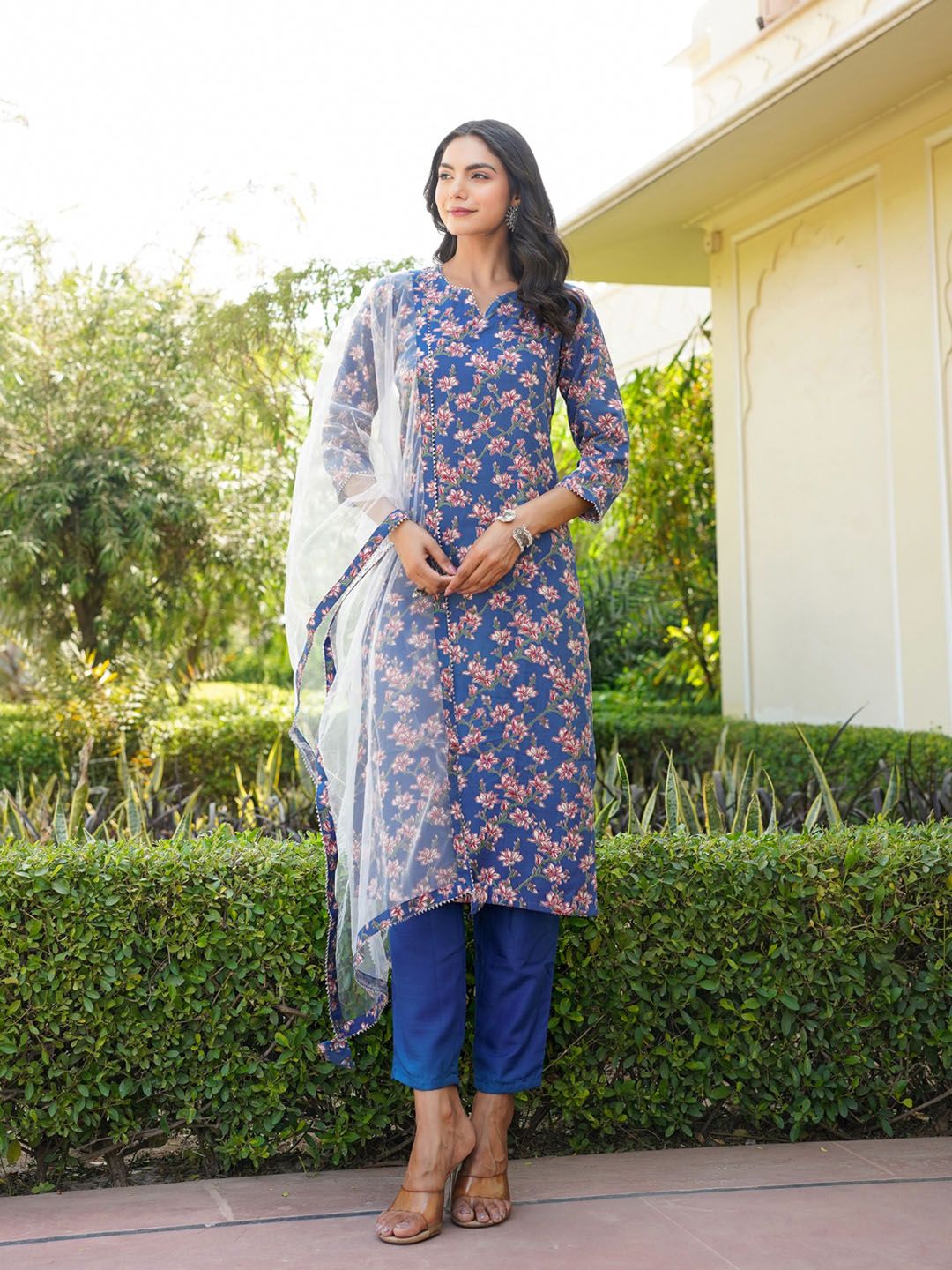 KALINI Floral Printed Gotta Patti Straight Kurta & Trousers With Dupatta
