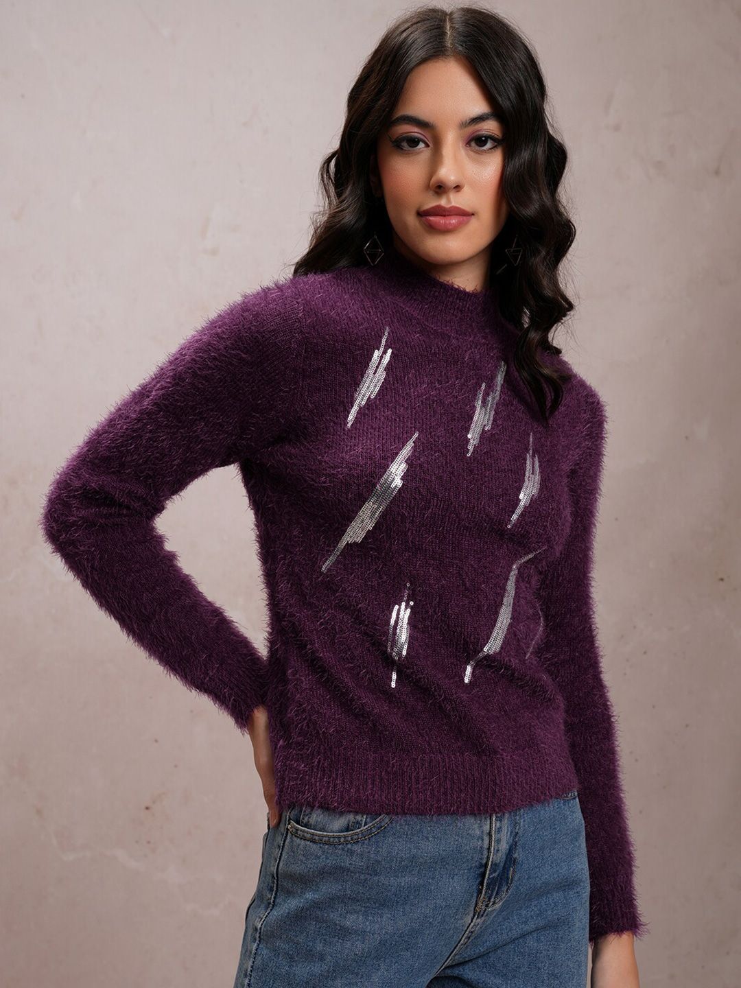Tokyo Talkies Purple Embellished High Neck Acrylic Pullover
