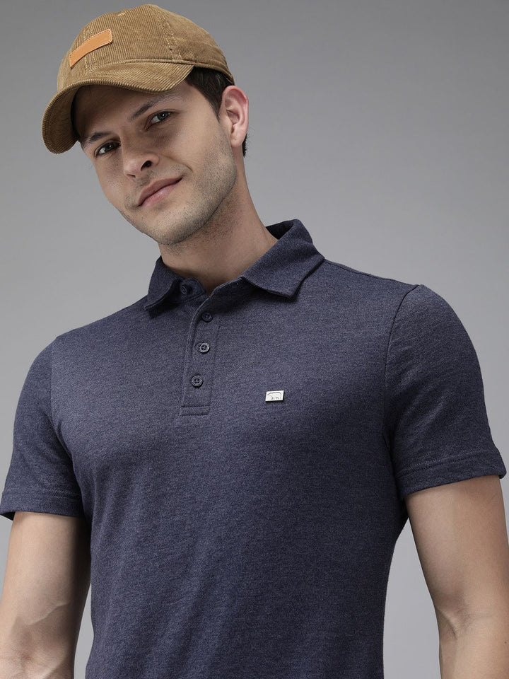 THE BEAR HOUSE Men Navy Blue Polo Collar Slim Fit T-shirt