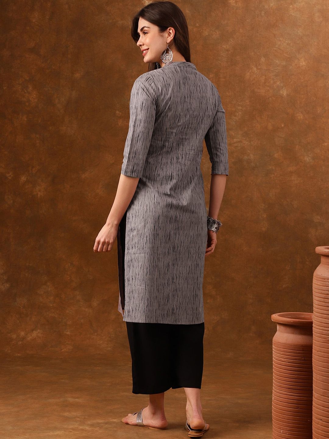 Anouk Grey Abstract Printed Mandarin Collar Cotton Kurta