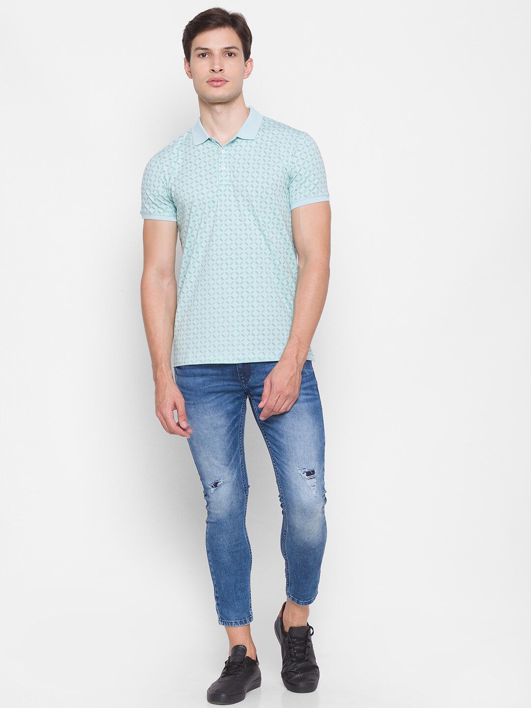 SPYKAR Men Blue Printed Polo Collar Slim Fit T-shirt