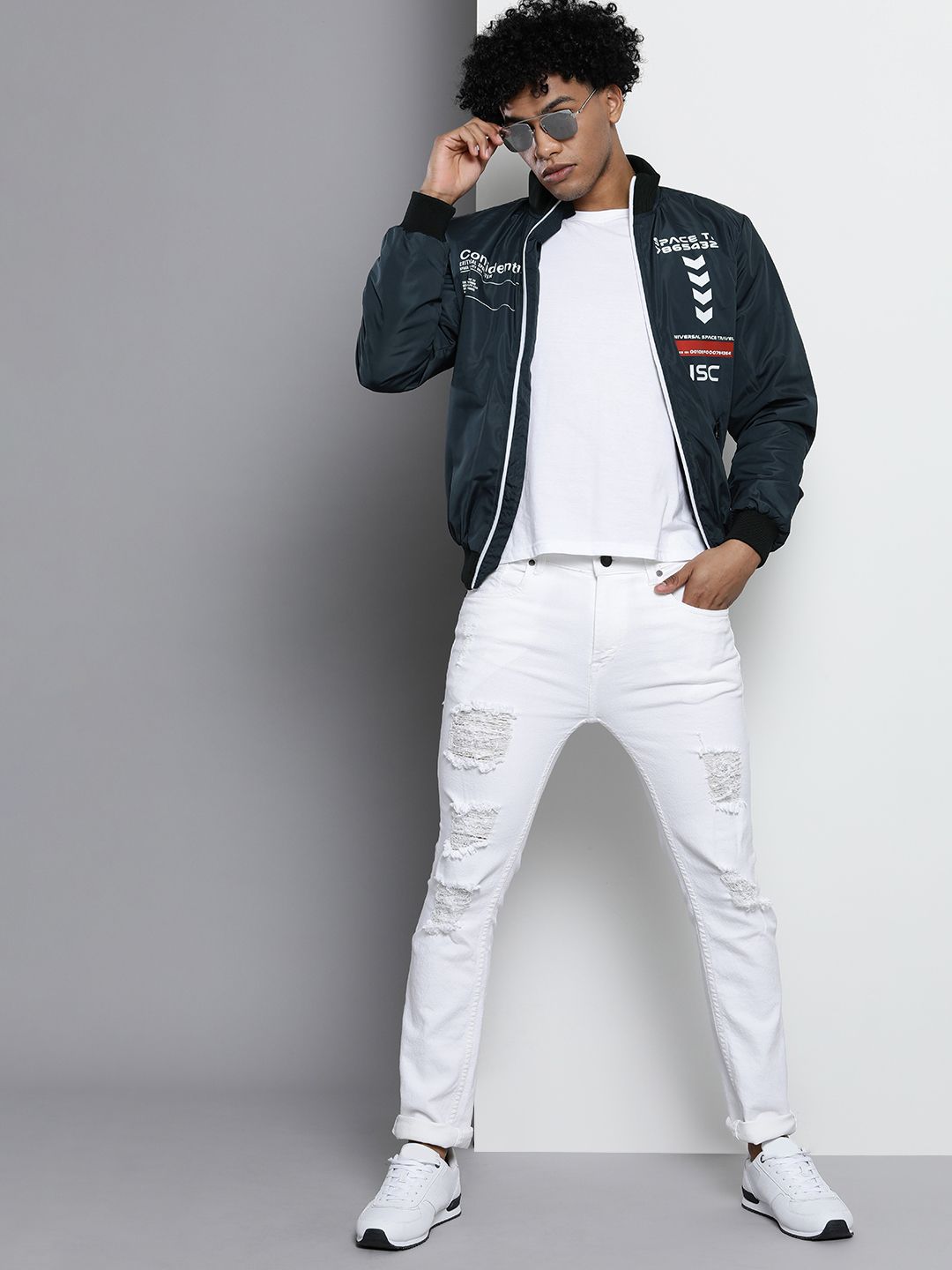 The Indian Garage Co Men Navy Blue Typography Bomber Jacket