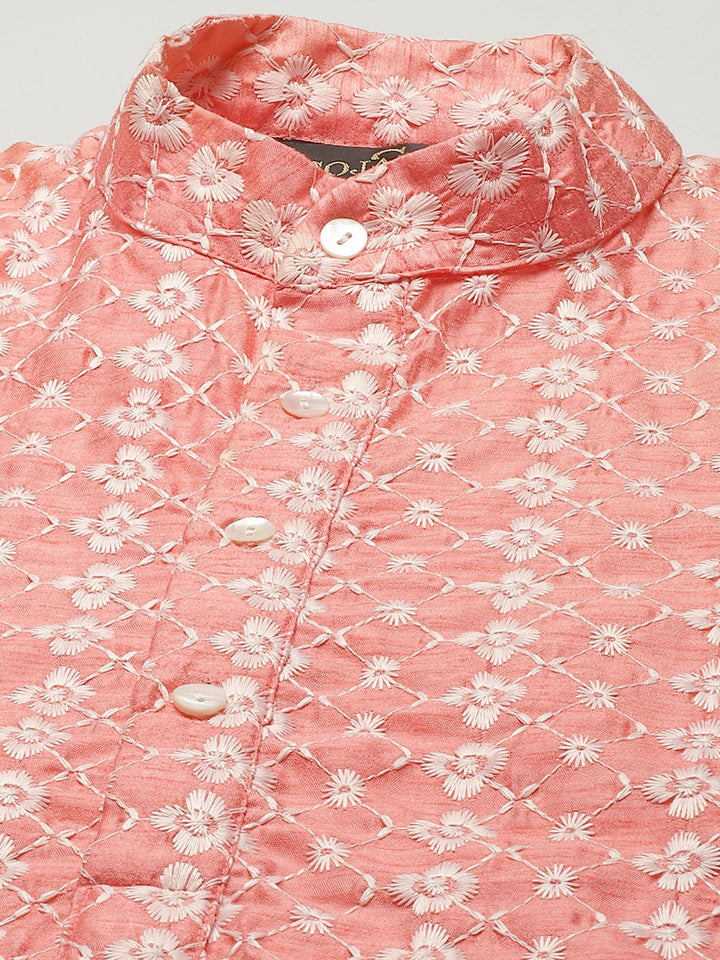 SOJANYA Set Kurta Sulam Bunga Coral Pink & Putih Bunga & Jaket Nehru