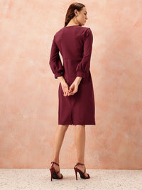 all about you Notched Round Neck Cuffed Sleeves Sheath Dress with Back Sllit