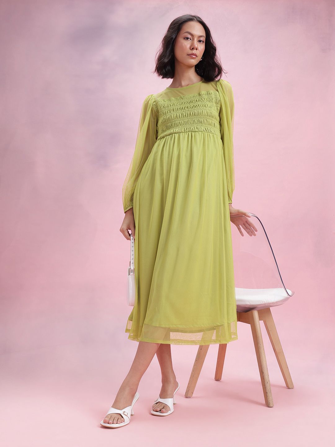 DressBerry Puff Sleeve Net Smocked A-Line Midi Dress