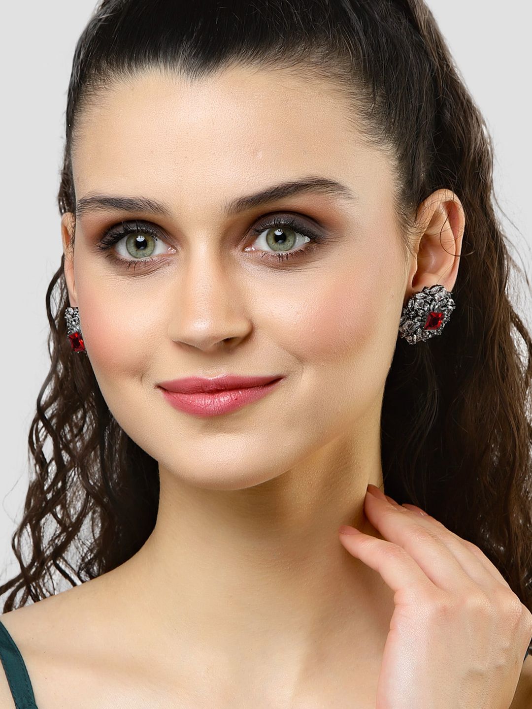 KARATCART Silver-Plated Cubic Zirconia Studded Contemporary Stud Earrings