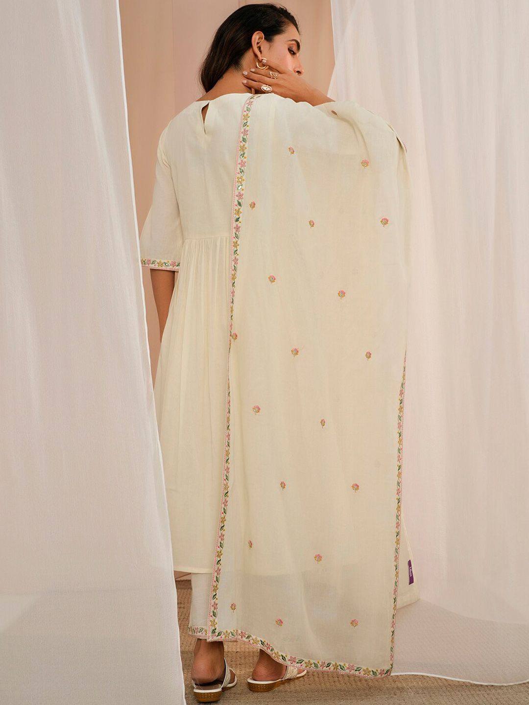 Libas Floral Yoke Design Pleated Thread Work Pure Cotton Kurta With Palazzos & Dupatta