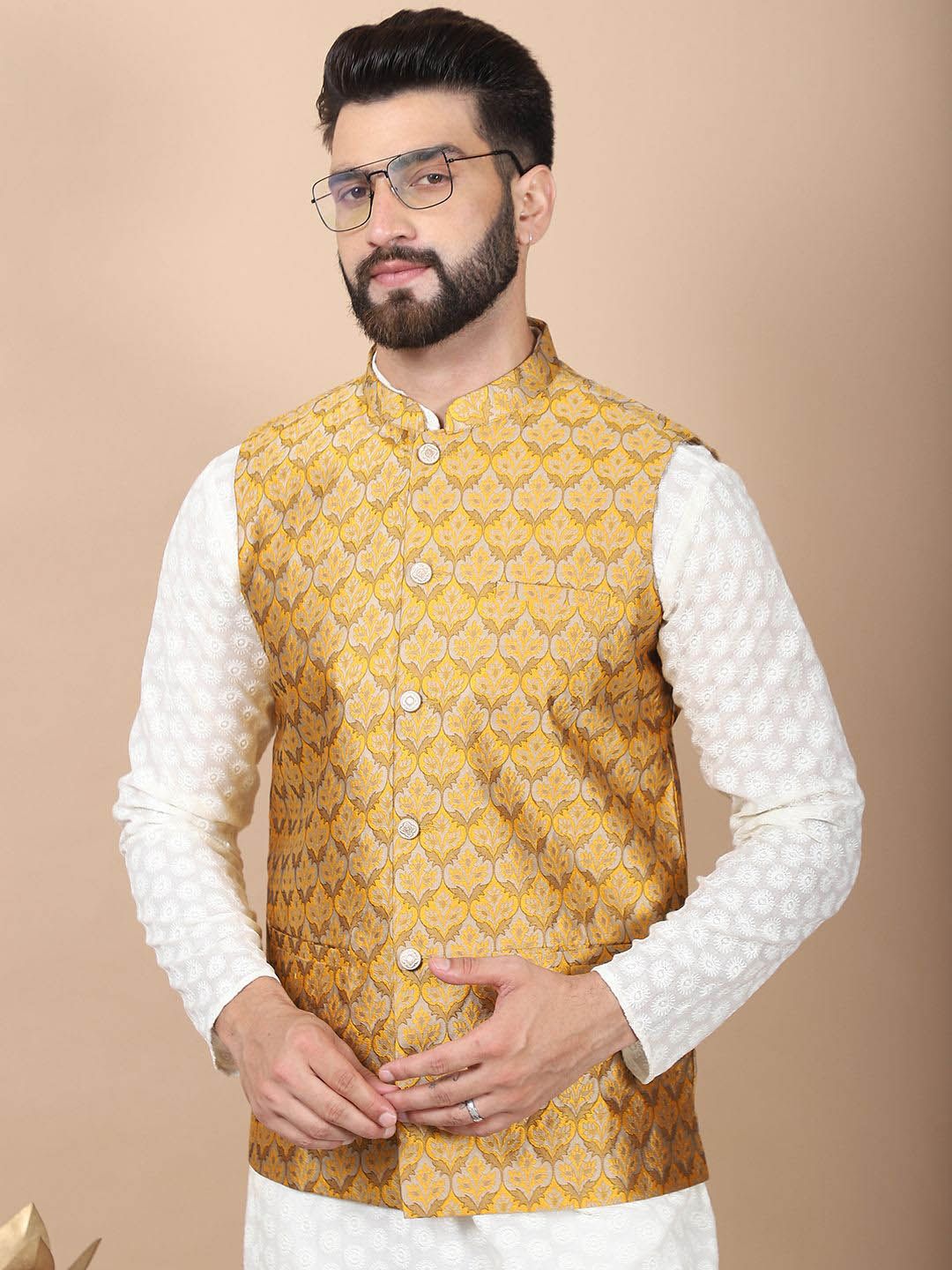 Anouk Cream-Coloured Floral Embroidered Pure Cotton Kurta with Churidar & Nehru Jacket