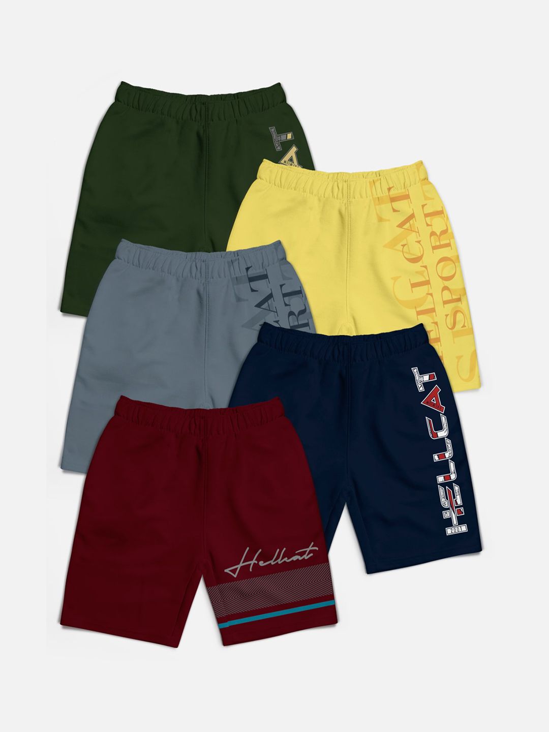 HELLCAT Pack of 5 Boys Trendy Printed Mid Rise Cotton Shorts