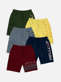 HELLCAT Pack of 5 Boys Trendy Printed Mid Rise Cotton Shorts