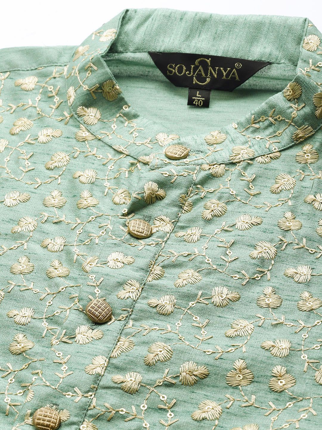SOJANYA Kurta Bunga Berwarna Hijau & Emas Lelaki