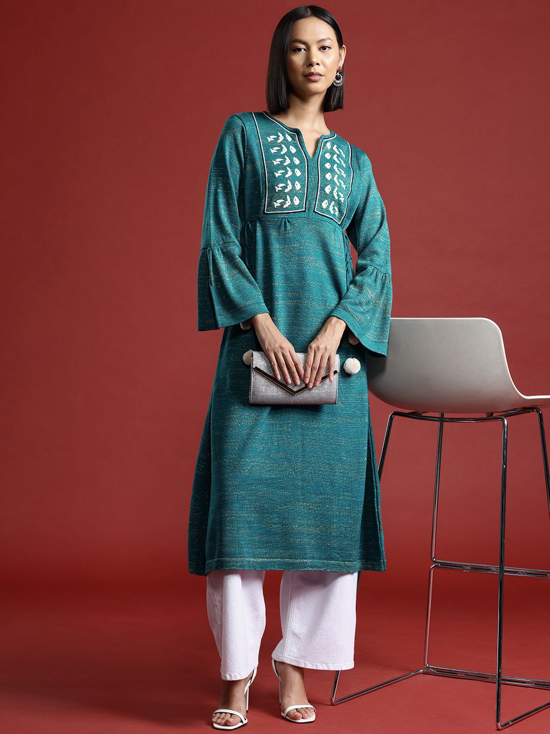 all about you Embroidered Yoke Design Bell Sleeves Kurta
