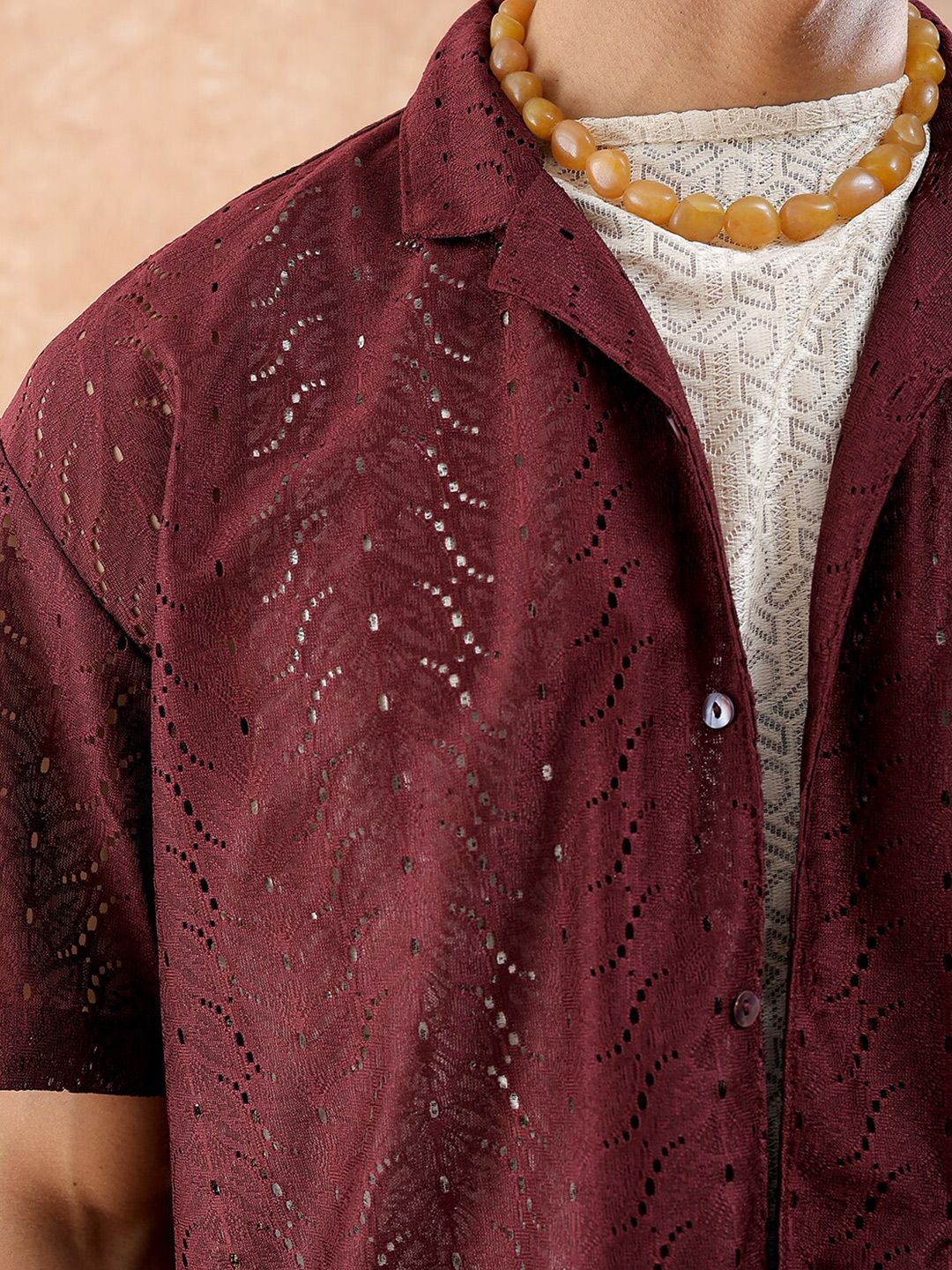 The Indian Garage Co Men Relaxed Fit Solid Warp Knit Lace Resortwear Shirt